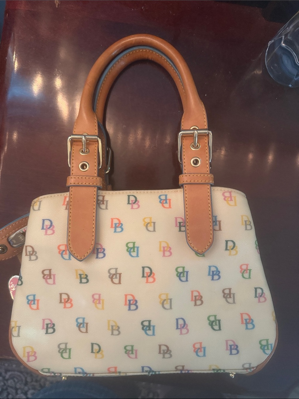 Dooney & Bourke Cream Multicolor Logo Tote with Tan Trim - Picture 6 of 7